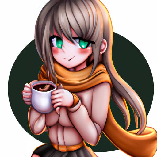 Một bức tranh số về nhân vật Waifu cầm một cốc cà phê.