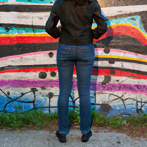 Một người mặc áo khoác jean và quần đen đứng trước tường graffiti đầy màu sắc.