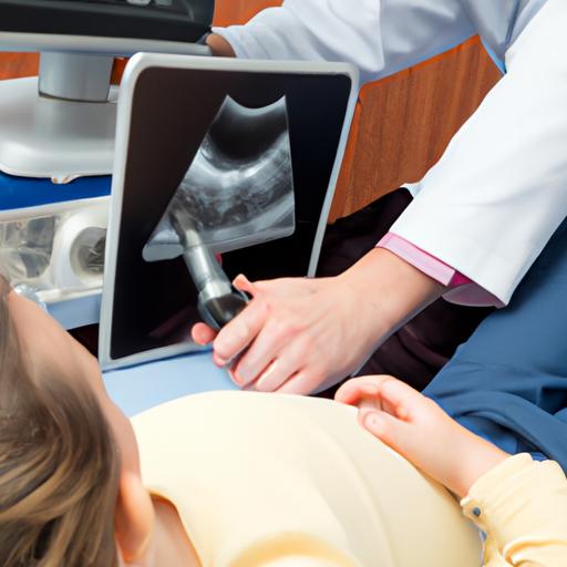Một bác sĩ đang đo độ dài xương đùi của thai nhi trong quá trình siêu âm
