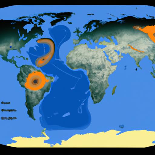 Bản đồ toàn cầu với các khu vực được làm nổi bật để chỉ ra sự phá rừng và ô nhiễm đại dương