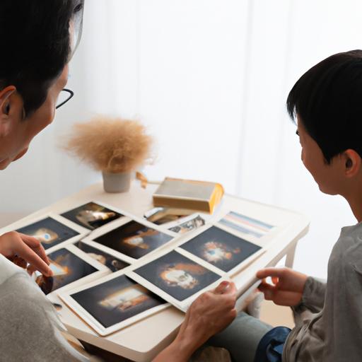 Một bố mẹ và đứa trẻ đang nhìn vào những bức ảnh gia đình cũ.