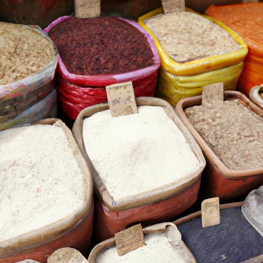 Một loạt các loại gạo được trưng bày tại chợ