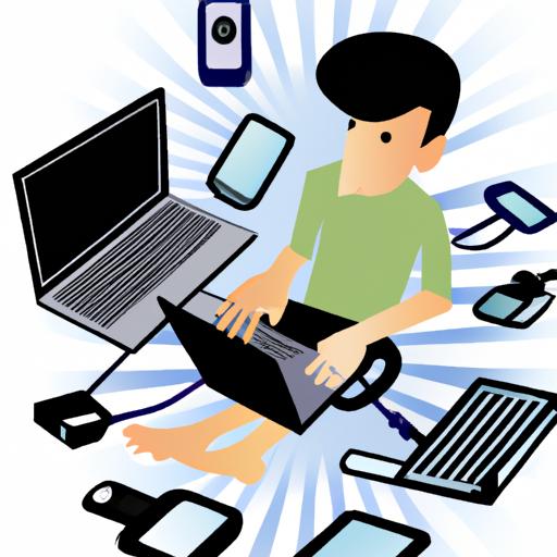 Một người đang duyệt internet trên một chiếc laptop với nhiều thiết bị công nghệ xung quanh.