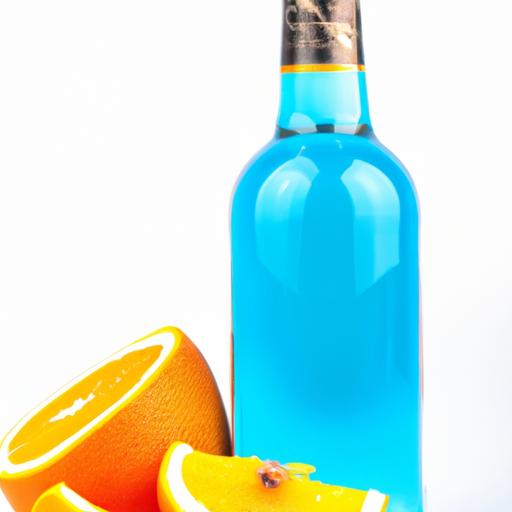 Một chai blue curacao với miếng cam trên nền trắng