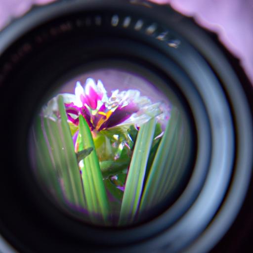 Gần cận ống kính máy ảnh chụp hoa.