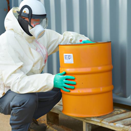 Công nhân đeo đồ bảo hộ xử lý hộp chứa hexanediol