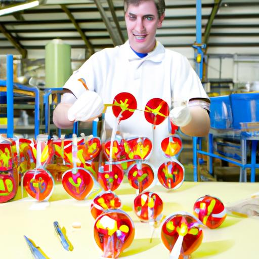 Công nhân trong nhà máy đang sản xuất kẹo mút trên dây chuyền sản xuất