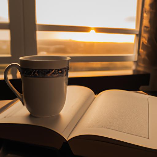 Cốc cà phê và cuốn sách cùng ngắm bình minh qua cửa sổ.