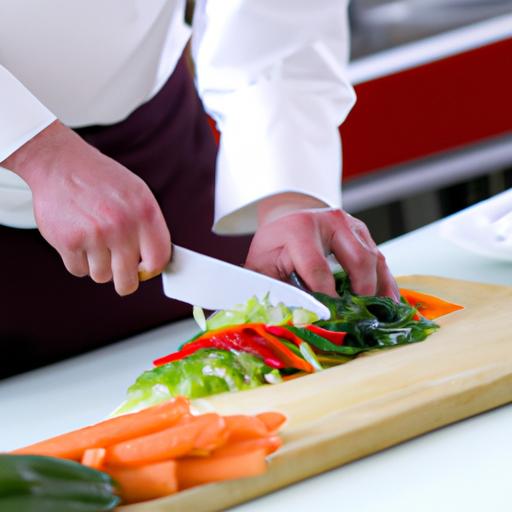 Đầu bếp đang chặt rau trên tấm gỗ