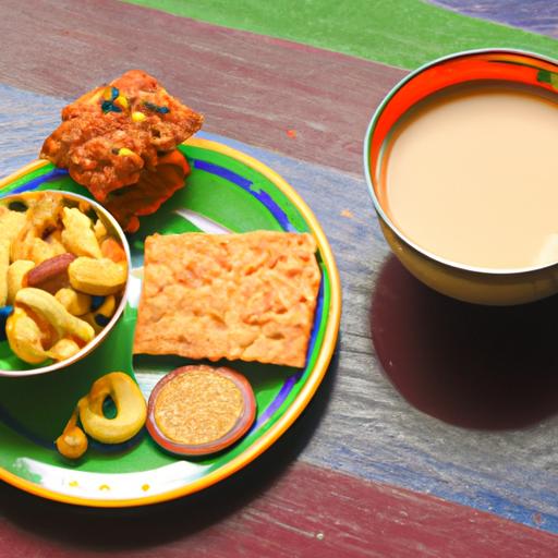 Một đĩa ăn nhẹ Ấn Độ kèm ly masala chai