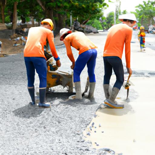 Đội ngũ công nhân xây dựng sử dụng dụng cụ tay để đánh cấp nền đường