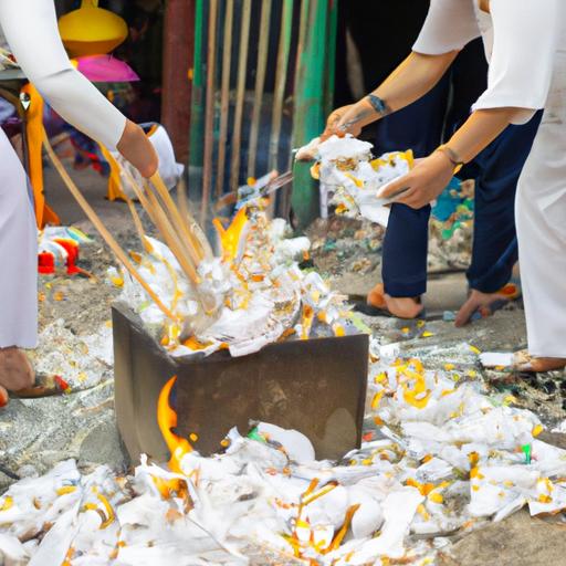 Đám đông người đang đốt giấy Linh Đan tại đền chùa