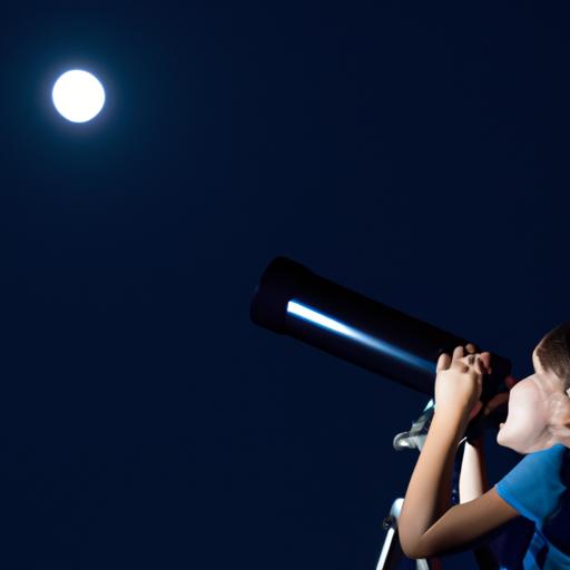 Đứa trẻ nhìn qua kính viễn vọng nhỏ vào mặt trăng