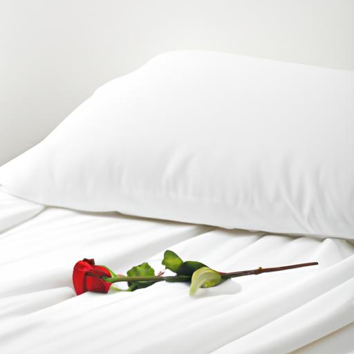 Một chiếc giường trống với một bông hoa hồng trên gối.