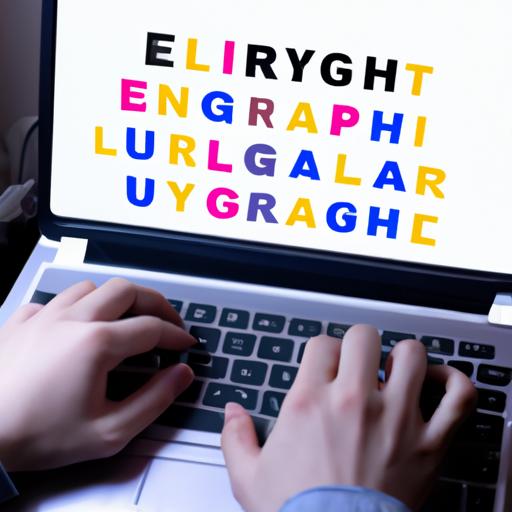 Gõ bàn phím laptop với các từ tiếng Anh trên màn hình