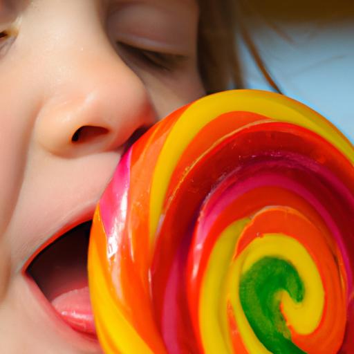 Một gương mặt của trẻ em được chụp từ gần khi đang thưởng thức kẹo mút
