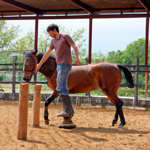 Người đàn ông huấn luyện một con ngựa trẻ trong chuồng