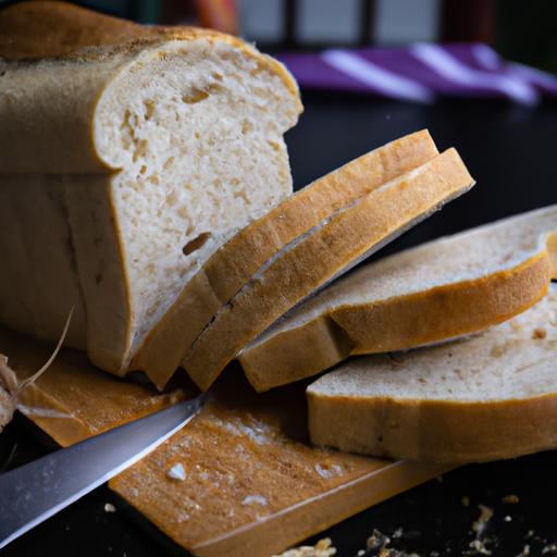 Một ổ bánh mì vừa được nướng với lúa mạch và bột mì nguyên cám, được cắt lát và sẵn sàng để nướng.