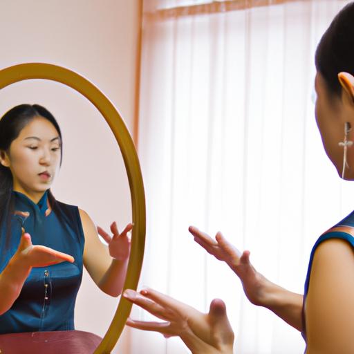 Một phụ nữ luyện tập thuyết trình tiếng Trung trước gương.