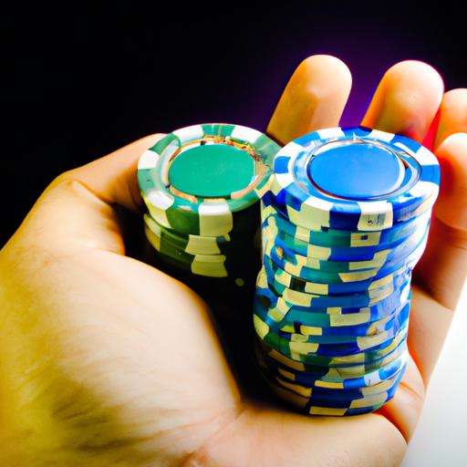 Một bàn tay cầm một đống chip casino, sẵn sàng để chơi máy xèng.