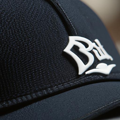 Một chi tiết gần của mũ baseball với logo thương hiệu
