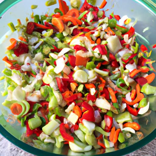 Một chồng rau củ băm nhỏ trong bát trộn