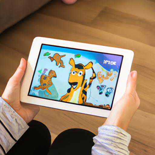Người cầm tablet đọc truyện tranh kỹ thuật số với nhân vật là động vật