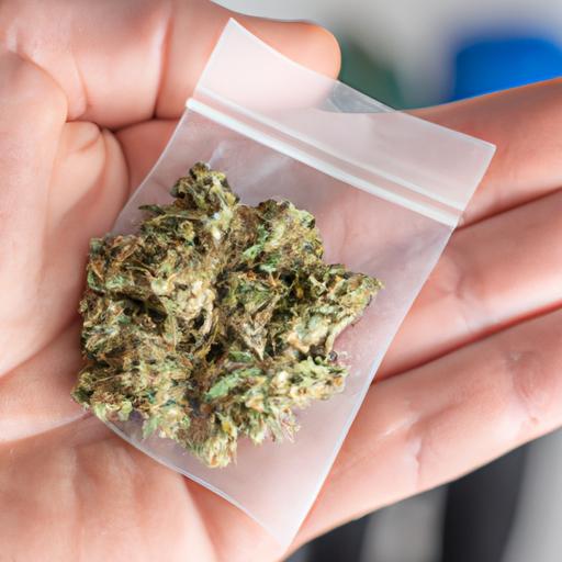 Người đang cầm một túi nhỏ chứa các bông cannabis khô