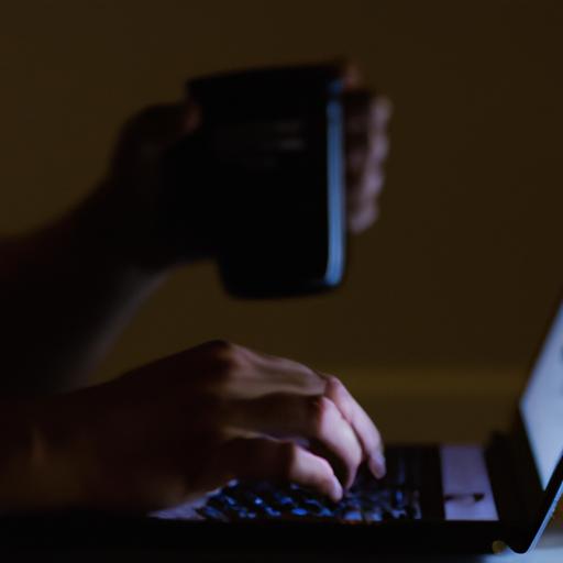 Một người đánh máy trên laptop với một cốc cà phê bên cạnh, làm việc đến khuya.