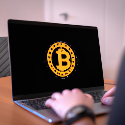 Người dùng đang nhập liệu trên laptop với logo bitcoin trên màn hình