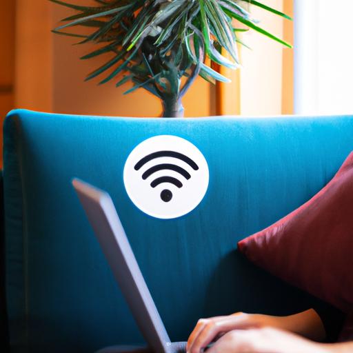 Người dùng sử dụng laptop ngồi trên ghế sofa với biểu tượng tín hiệu Wi-Fi phía sau