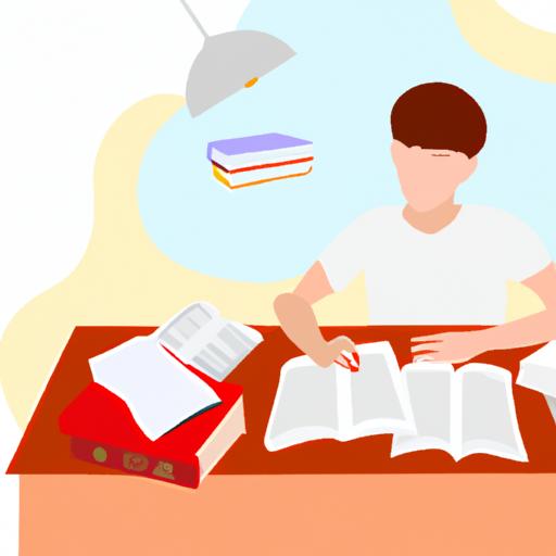 Một người đang học tại bàn, bao quanh bởi sách và ghi chú.