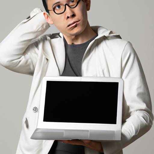 Một người có biểu cảm lúng túng cầm laptop tìm hiểu về counterintuitive