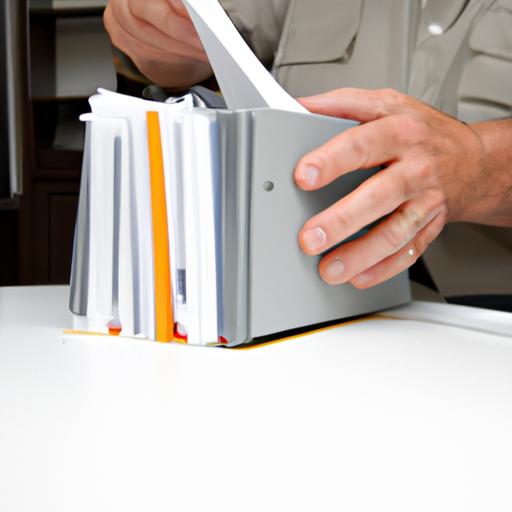 Người sắp xếp một đống giấy vào một thư mục tài liệu.