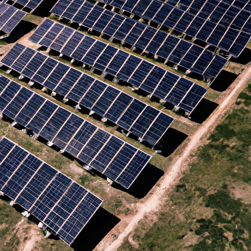 Nhà máy điện mặt trời với hàng loạt tấm pin năng lượng trên mặt đất.