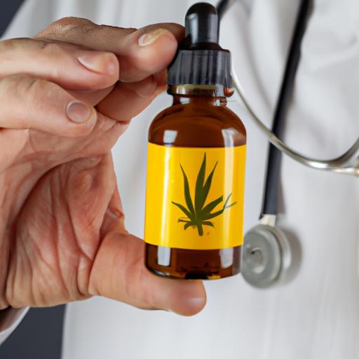 Nhân viên y tế đang cầm một chai dầu cannabis