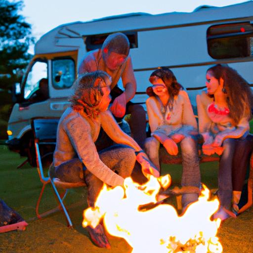Nhóm bạn ngồi quanh đống lửa trại bên ngoài caravan