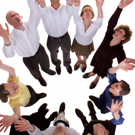 Một nhóm các ca sĩ Acapella đứng thành vòng tròn với tay giơ lên.