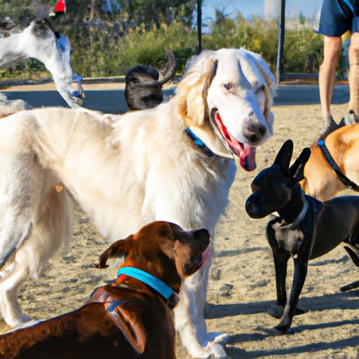 Một nhóm chó thuộc các giống khác nhau chơi đùa cùng nhau trong công viên chó