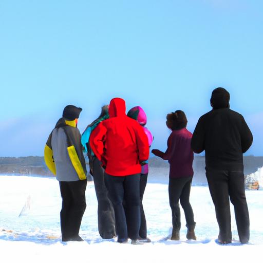 Một nhóm người mặc áo khoác bông trong cảnh tuyết phủ.
