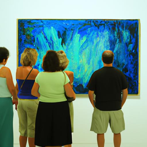 Nhóm người đang ngắm nhìn một bức tranh trừu tượng trong một phòng trưng bày nghệ thuật.
