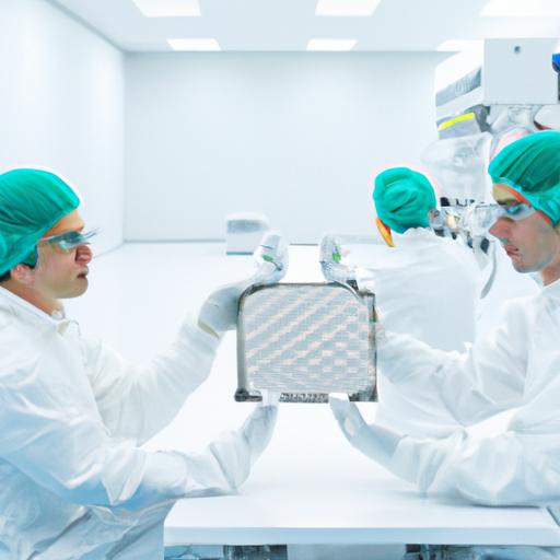 Một nhóm các nhà khoa học trong áo choàng lab đang làm việc trên các tấm wafer silicon trong một phòng sạch.