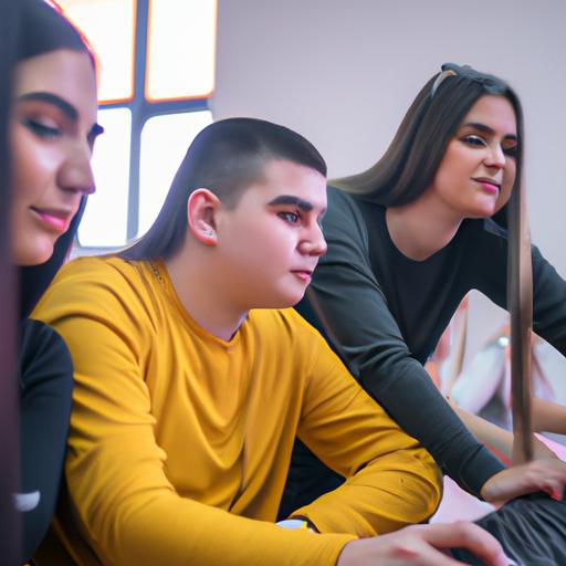 Một nhóm sinh viên trong phòng máy tính, làm việc trên các dự án lập trình và trò chuyện với nhau.