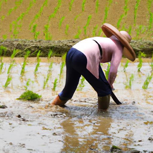 Một nông dân đang làm việc trên cánh đồng lúa