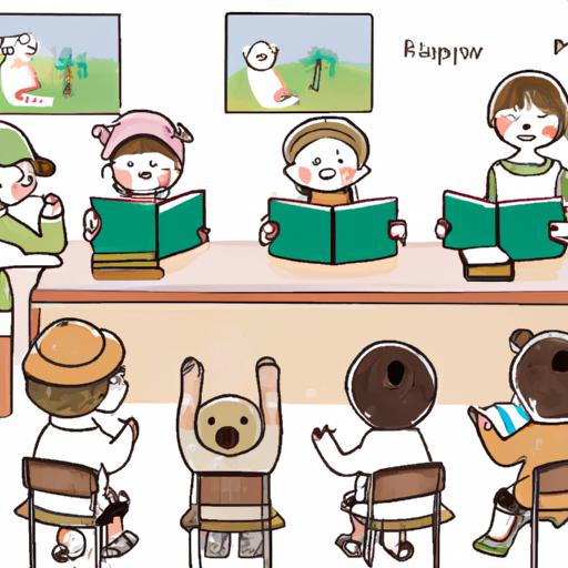 Phòng học với các em học sinh đang đọc sách về động vật