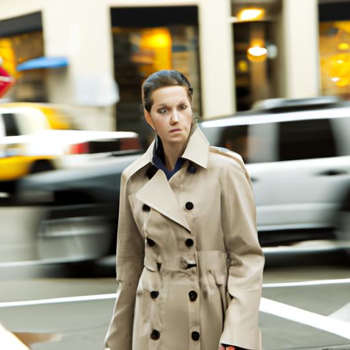 Một người phụ nữ mặc áo khoác trench coat đi bộ trên đường phố đông đúc.