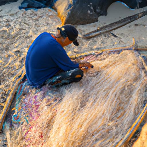 Một ngư dân địa phương đang sửa chữa lưới câu của mình trên đảo Phú Quý