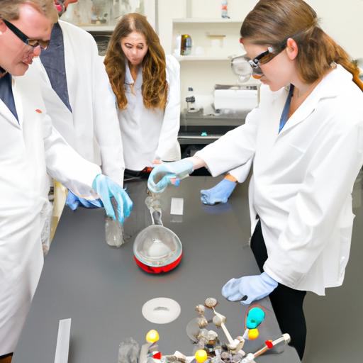 Một tấm ảnh nhóm người trong phòng thí nghiệm đang kiểm tra tính chất của potassium alum