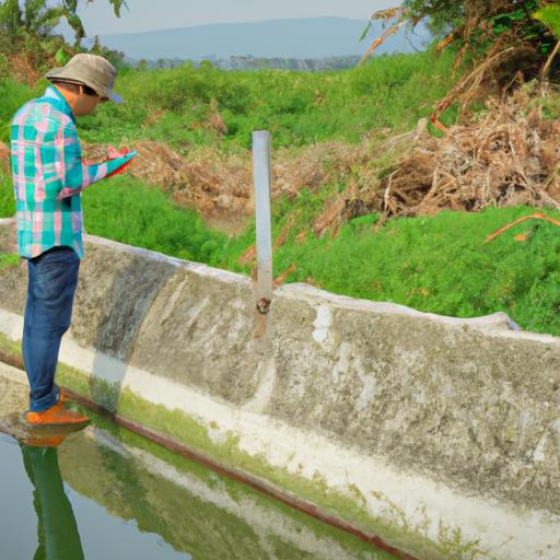 Nông dân kiểm tra mức nước trong kênh đào
