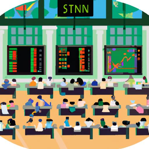 Hình ảnh sàn giao dịch chứng khoán với nhiều nhà đầu tư mua bán cổ phiếu dựa trên thị giá cổ phiếu.